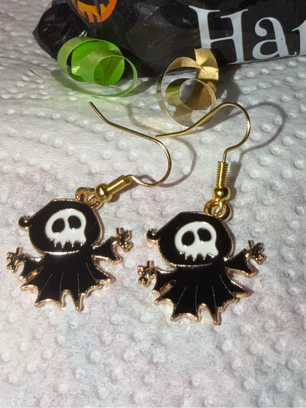 Kids Black & Gold Skull Hood Dangle Earrings - Cute Halloween Jewelry